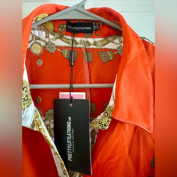 NWT Pretty Little Things Women’s Orange Long Sleeve Button Up Dress US Size 12 - Picture 7 of 9